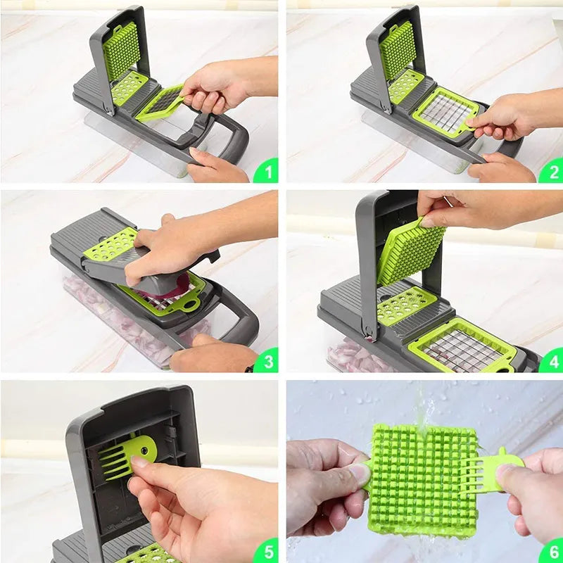 Vegetable Chopper Slicer Dicer - 12-in-1 Fruits Cutter Slicer Food Cutter with 7 Stainless Steel Blades with Storage Container