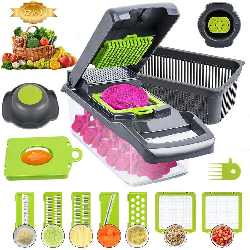 Vegetable Chopper Slicer Dicer - 12-in-1 Fruits Cutter Slicer Food Cutter with 7 Stainless Steel Blades with Storage Container
