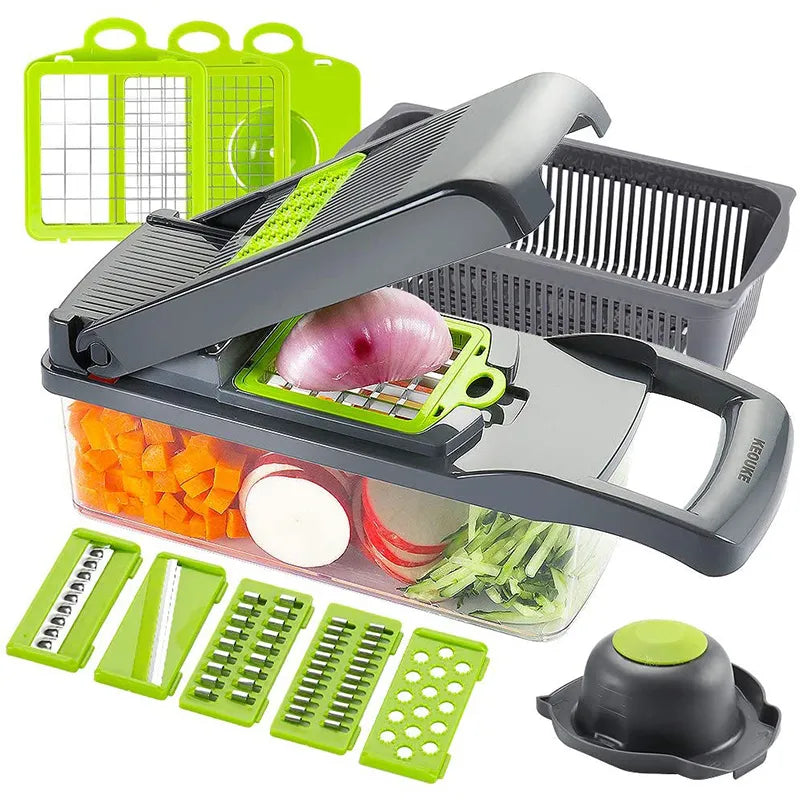 Vegetable Chopper Slicer Dicer - 12-in-1 Fruits Cutter Slicer Food Cutter with 7 Stainless Steel Blades with Storage Container