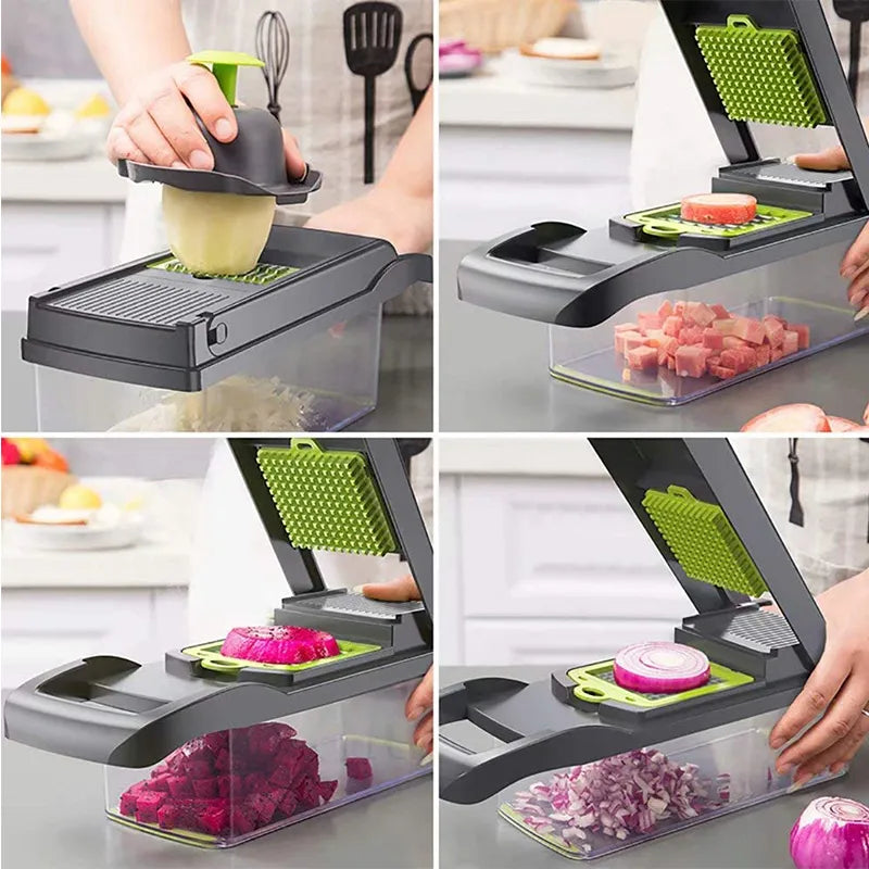 Vegetable Chopper Slicer Dicer - 12-in-1 Fruits Cutter Slicer Food Cutter with 7 Stainless Steel Blades with Storage Container