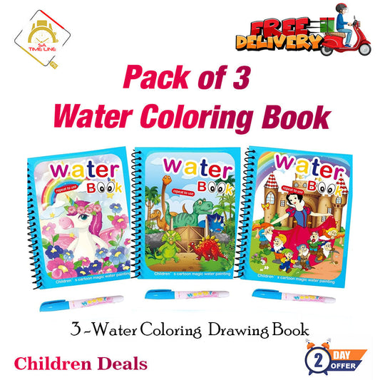 Pack of 3 Water coloring Books | Magic Water Drawing Book Coloring Doodle Reusable Activity Book for kids | PACK of 3 - Baby Products