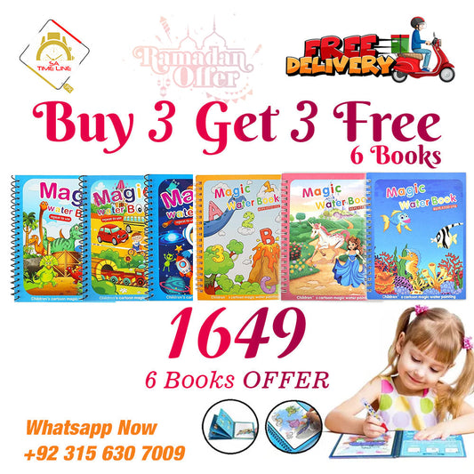 Buy 3 Get 3 Free | Pack of 6 Water coloring Books | Magic Water Drawing Book Coloring Doodle Reusable Activity Book for kids | PACK of 6 - Baby Products